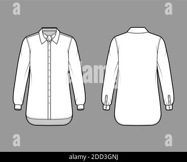 Camicia ascot striscia tecnica moda illustrazione con arco, maniche lunghe con polsino, oversize, bottoni-down, colletto regolare. Mascherina piatta anteriore, posteriore di colore bianco. Donna uomo unisex top CAD mockup Illustrazione Vettoriale