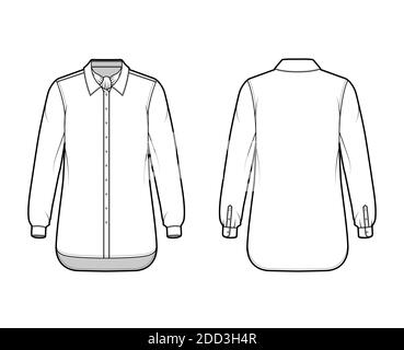Camicia ascot striscia tecnica moda illustrazione con arco, maniche lunghe con polsino, oversize, bottoni-down, colletto regolare. Mascherina piatta anteriore, posteriore di colore bianco. Donna uomo unisex top CAD mockup Illustrazione Vettoriale