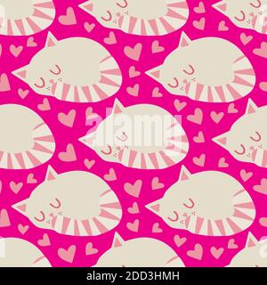 Carino gatto kawaii addormentato con cuore vettore senza cuciture motivo sfondo. Sfondo di colore rosa con cuccioli di cartoni sonnolenti arricciati. Disegnato a mano Illustrazione Vettoriale