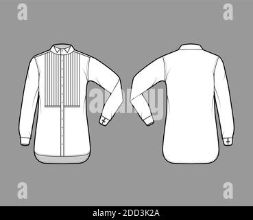 Camicia smoking abito tecnico moda illustrazione con plissettato pintocked bib, gomito piega maniche lunghe con polsino francese, collo ad ala. Mascherina piatta sul retro anteriore di colore bianco. Donna uomo unisex top CAD Illustrazione Vettoriale