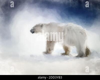 Pittura digitale di un orso polare adulto, vista laterale. Ottima immagine per i progetti stagionali a tema natalizio o invernale. Foto Stock