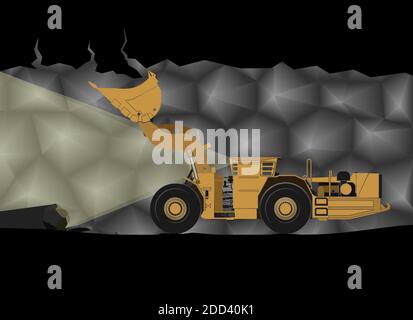 Icona a colori realistica di un veicolo di carico e consegna in una miniera. Caricatore con benna sollevata. Rips fuori di una catena montuosa pericolosa.Vector Illustrazione Vettoriale