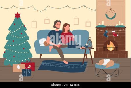 La gente di coppia celebra la stagione di festa di Natale all'illustrazione del vettore domestico. Personaggi della famiglia dei cartoni animati seduti insieme sul divano vicino al caminetto nell'interno del soggiorno, sfondo festeggiamenti natalizi Illustrazione Vettoriale