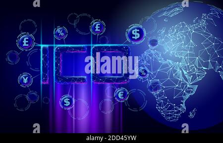 Moneta iniziale che offre il concetto di tecnologia delle lettere ICO. Business Finance economy basso design stile poly. Crypto banking valuta offerta online. Internet Illustrazione Vettoriale