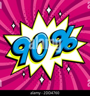 Banner Web di vendita viola. Pop art fumetto vendita sconto banner promozione. Grande esperienza di vendita. Sconto del 90% su un bang di stile pop-art dei fumetti Illustrazione Vettoriale