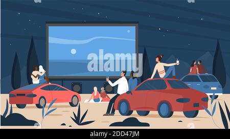Persone in auto all'aperto cinema teatro illustrazione vettoriale. Auto cartoon in parcheggio, conducente personaggi seduti, guardare film sul grande schermo di auto drive evento di notte, sfondo cinematografico Illustrazione Vettoriale