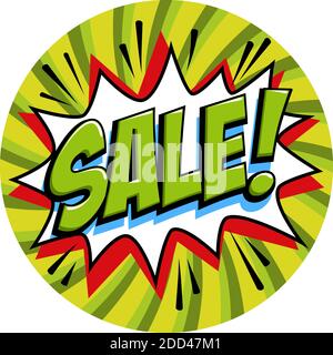 Etichetta di vendita a forma rotonda. Banner Web di vendita verde. Pop art fumetto vendita sconto banner promozione. Grande esperienza di vendita. Sfondo decorativo Illustrazione Vettoriale