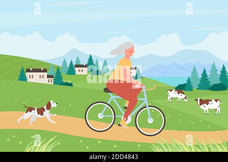 Stile di vita attivo sano per l'illustrazione vettoriale delle persone anziane. Cartoon vecchia donna ciclista personaggio equitazione bicicletta, vecchia signora rider ciclismo su strada rurale in estate villaggio paesaggio sfondo Illustrazione Vettoriale