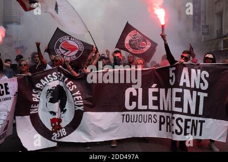 Diverse dozzine di militanti antifascisti si sono riuniti per commemorare i 5 anni dell'assassinio di Clemente Meric, un militante antifascista, ucciso durante una lotta con militanti di estrema destra. Parigi, Francia, 2 giugno 2018. Foto di Samuel Boivin/ABACAPRESS.COM Foto Stock