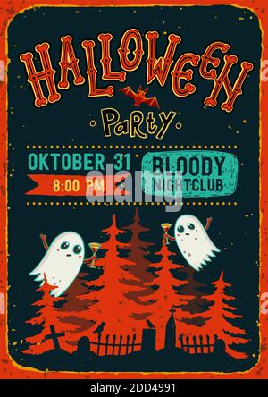 Festa di Halloween. Opuscolo di invito per la festa di Halloween. Fantasmi con cocktail in mano al cimitero con pini su sfondo scuro. Testo della festa di Halloween A. Illustrazione Vettoriale