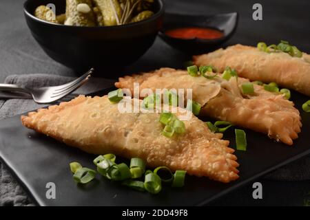 Cheburek con carne e cipolla primaverile Foto Stock
