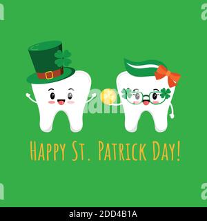 St Patrick cute denti in cappello leprechaun e in bicchieri con moneta d'oro. Illustrazione Vettoriale