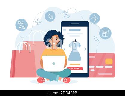 Concetto di shopping online con carattere donna nero Illustrazione Vettoriale