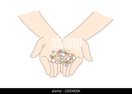 Salute, cura, medicina, dipendenza, concetto di droga. Uomo umano o donna personaggio mani tenendo manciata di pillole mediche. Trattamento farmacologico o cura pha Illustrazione Vettoriale