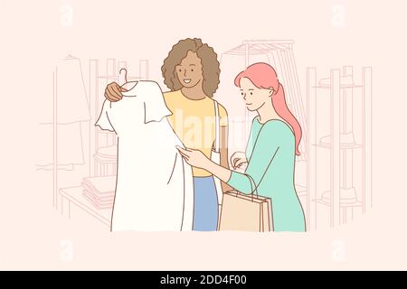 Amicizia, shopping, ricreazione, moda, concetto di bellezza. Giovane donna e african american ragazza amici clienti che scelgono di scambiare abiti alla moda a. Illustrazione Vettoriale