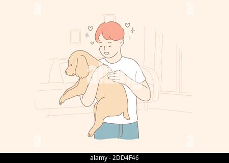 Affetto, amore, proprietà, concetto di animale domestico. Giovane felice sorridente eccitato bambino ragazzo proprietario personaggio cartone animato cane animale domestico amico in mani Illustrazione Vettoriale