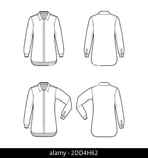 Set di camicia ascot striscia tecnica moda illustrazione con arco di legatura, manica lunga pieghevole a gomito, oversize, bottoni-down, collare regolare. Mascherina piatta anteriore, posteriore di colore bianco. Donne uomo top mockup CAD Illustrazione Vettoriale