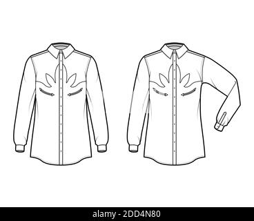 Set of Shirt Western illustrazione tecnica moda con maniche lunghe ripiegate a gomito, tasche rinforzate, relax fit, gioghi, bottoni, colletto. Modello piatto di colore bianco anteriore. Donne uomo top mockup CAD Illustrazione Vettoriale