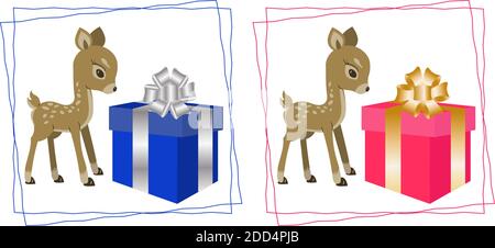 Biglietto d'auguri di Natale o compleanno con cervi e regalo scatola Illustrazione Vettoriale