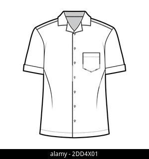 Camicia campo tecnico moda illustrazione con maniche corte, tasca angolata patch, relax fit, bottoni-down, colletto aperto. Parte anteriore della dima piatta, colore bianco. Donna uomo unisex top CAD mockup Illustrazione Vettoriale