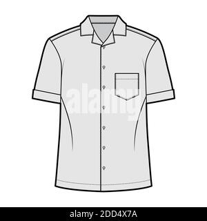 Camicia campo tecnico moda illustrazione con maniche corte, tasca angolata patch, relax fit, bottoni-down, colletto aperto. Parte anteriore della dima piatta, colore grigio. Donna uomo unisex top CAD mockup Illustrazione Vettoriale