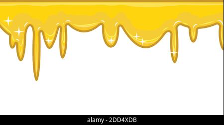 Flussi di liquido giallo. Miele. Vernice a flusso spesso. Crema dolce o muco. Le gocce slittano. Oggetto isolato su sfondo bianco. Telaio Illustrazione Vettoriale