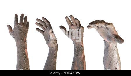 Set di mani ricoperte di fango isolato su fondo bianco con tracciato di ritaglio. Foto Stock