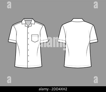 Camicia campo tecnico moda illustrazione con maniche corte, tasca angolata patch, relax fit, bottoni-down, colletto aperto. Mascherina piatta anteriore, posteriore di colore bianco. Donna uomo unisex top CAD mockup Illustrazione Vettoriale