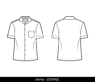 Camicia campo tecnico moda illustrazione con maniche corte, tasca angolata patch, relax fit, bottoni-down, colletto aperto. Mascherina piatta anteriore, posteriore di colore bianco. Donna uomo unisex top CAD mockup Illustrazione Vettoriale