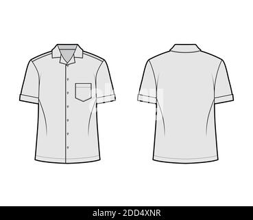Camicia campo tecnico moda illustrazione con maniche corte, tasca angolata patch, relax fit, bottoni-down, colletto aperto. Mascherina piatta anteriore, colore grigio posteriore. Donna uomo unisex top CAD mockup Illustrazione Vettoriale
