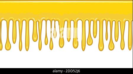 Flussi di liquido giallo. Miele. Vernice a flusso spesso. Crema dolce o muco. Le gocce slittano. Oggetto isolato su sfondo bianco. Telaio Illustrazione Vettoriale