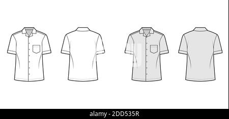 Camicia campo tecnico moda illustrazione con maniche corte, tasca angolata patch, relax fit, bottoni-down, colletto aperto. Mascherina piatta anteriore, posteriore di colore grigio bianco. Donna uomo unisex top CAD mockup Illustrazione Vettoriale
