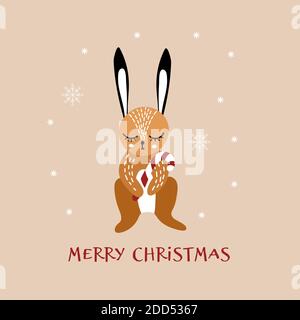 Simpatico coniglio cartoon con caramella. Biglietto d'auguri di Natale. Illustrazione vettoriale. Illustrazione Vettoriale