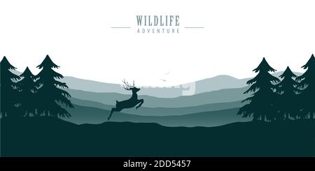 fauna selvatica cervi nella foresta con vista montagna paesaggio blu natura Illustrazione vettoriale EPS10 Illustrazione Vettoriale