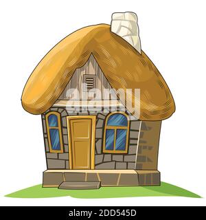 Vecchia casa con tetto di paglia. Favoloso oggetto cartoon. Carino stile infantile. Un'antica dimora. Minuscolo, piccolo. Isolato su bianco. Vettore Illustrazione Vettoriale