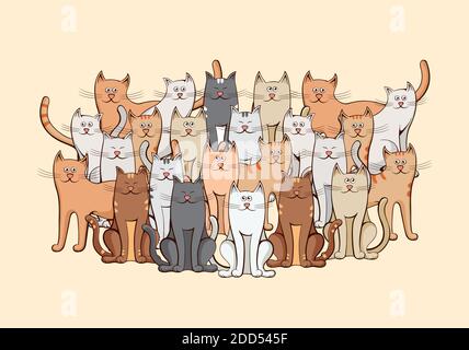 Grande gruppo di gatti. Gatti di vari colori. Illustrazione Vettoriale