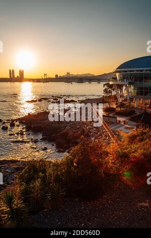 Vista al tramonto del ponte di Gwangan e del mare sull'isola di Haeundae Dongbaekseom a Busan, Corea Foto Stock