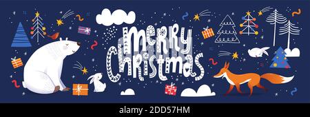 Allegro poster di Natale in stile scandinava Scandic con animali carini. Illustrazione Vettoriale