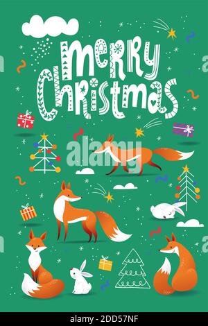 Allegro poster di Natale in stile scandinava Scandic con animali carini. Illustrazione Vettoriale