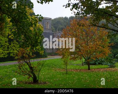 Bickton Park Botanical Gardens, East Devon, Regno Unito. Splendidi giardini strutturati. Chiesa Parrocchiale di S. Maria. Orangerie del Tempio, legno lussureggiante e Parkland Foto Stock