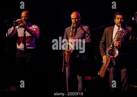 Edimburgo, Scozia. 5 novembre 2010. Il cantante soul Sharon Jones sul palco della Queen's Hall di Edimburgo, Scozia. È stata la cantante principale di Sharon Jones & The Dap-Kings, una band soul and funk con sede a Brooklyn, New York. Ha sperimentato un successo rivoluzionario relativamente in ritardo nella vita, liberando il suo primo record quando aveva 40 anni. Gli album del gruppo includevano Dap Dippin’; Naturally; 100 Days, 100 Nights and i laped the Hard Way. Morì per cancro nel novembre 2016. Foto Stock