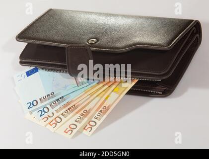 Le banconote in euro in pelle marrone portamonete Foto Stock