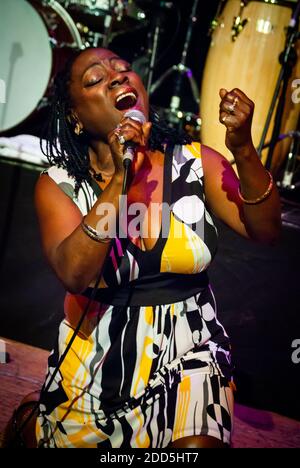 Edimburgo, Scozia. 5 novembre 2010. Il cantante soul Sharon Jones sul palco della Queen's Hall di Edimburgo, Scozia. È stata la cantante principale di Sharon Jones & The Dap-Kings, una band soul and funk con sede a Brooklyn, New York. Ha sperimentato un successo rivoluzionario relativamente in ritardo nella vita, liberando il suo primo record quando aveva 40 anni. Gli album del gruppo includevano Dap Dippin’; Naturally; 100 Days, 100 Nights and i laped the Hard Way. Morì per cancro nel novembre 2016. Foto Stock