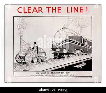 Giornale d’epoca degli anni 30 cartone animato sulle ferrovie per il trasporto politico ‘Clear The Line !’ LMS Coronation Class, stampato per il Daily Dispatch c.1938. Bene nel giorno dei nonni... le antiche normative bloccano il progresso politico treno ferroviario Ferrovie Trasporti progresso Sam Wells (1885-1967) Foto Stock