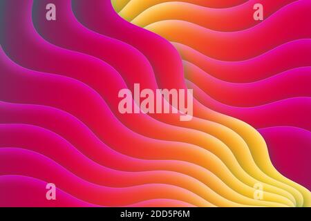 Immagine di sfondo colorata 3D con strati ondulati di rosa, viola e giallo sovrapposti. Foto Stock