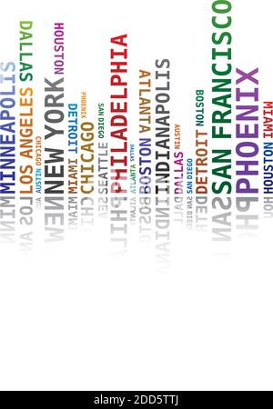 Word Cloud - la forma dello skyline con le città degli Stati Uniti Nomi - multicolore Illustrazione Vettoriale