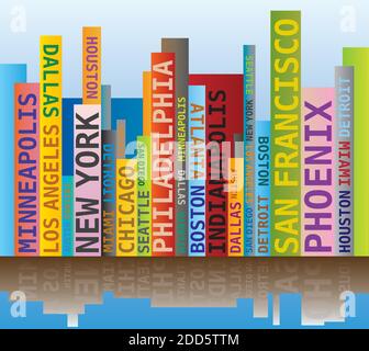 Word Cloud - la forma dello skyline con le città degli Stati Uniti Nomi - multicolore Illustrazione Vettoriale