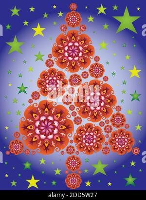 Albero di Natale con Mandala in rosso e cielo notturno con Stelle Illustrazione Vettoriale