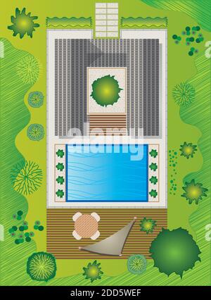 Paesaggio piano con casa e piscina - Giardino Design Illustrazione Vettoriale