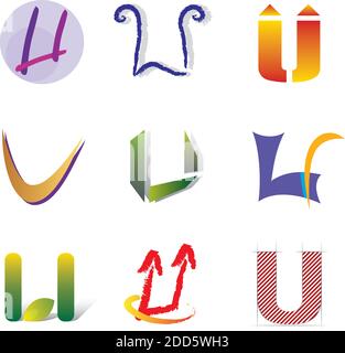 Set di icone U di lettera decorativa - elementi per il logo Design - multicolore Illustrazione Vettoriale